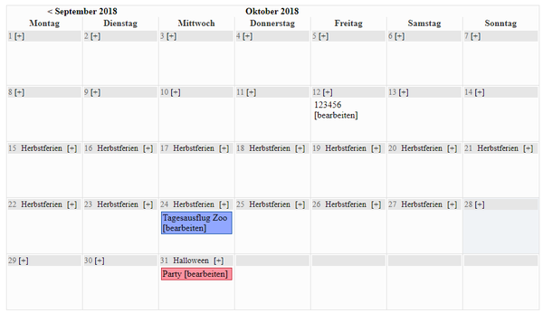 Kalender mit Feiertagen und Links zum Bearbeiten